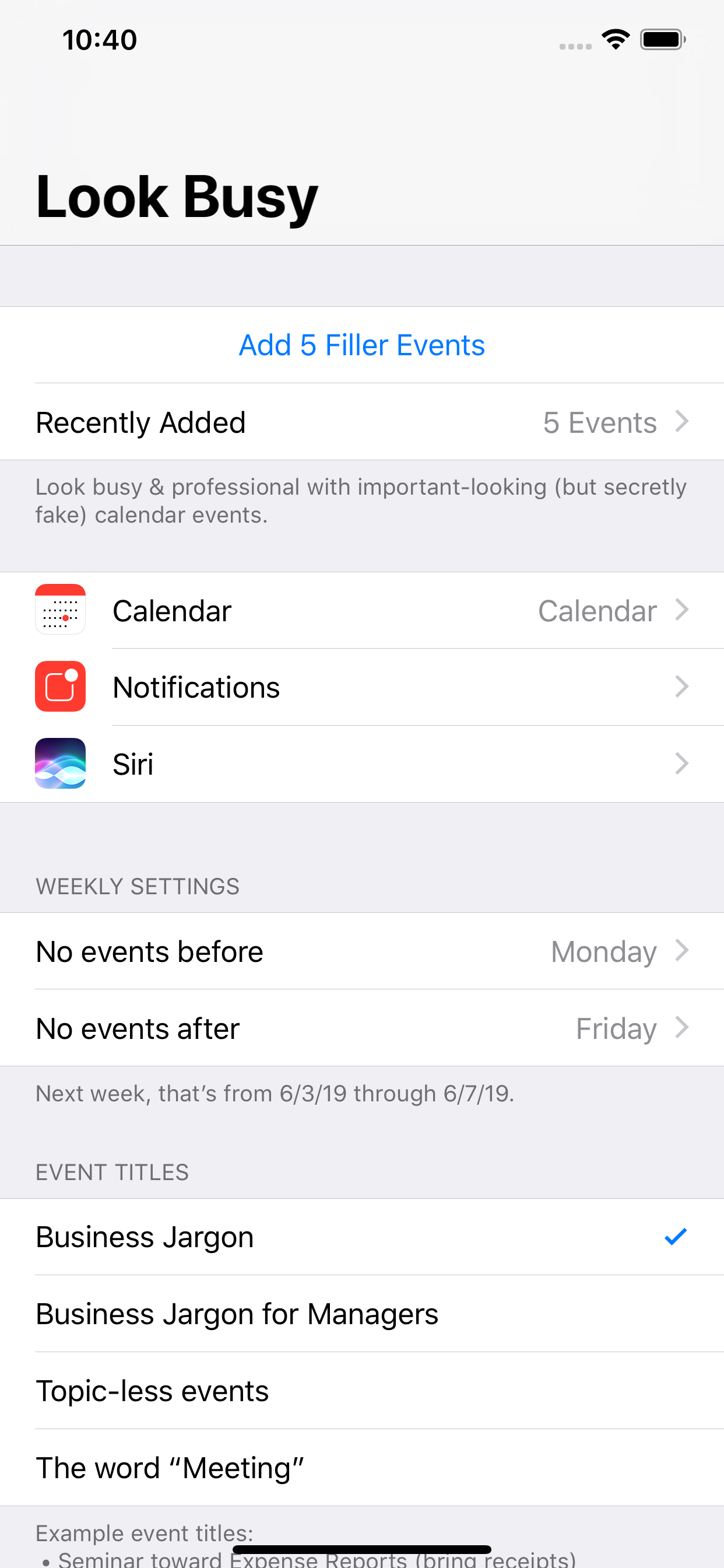 Look Busy iPhone Screenshot showing fake calendar events interface